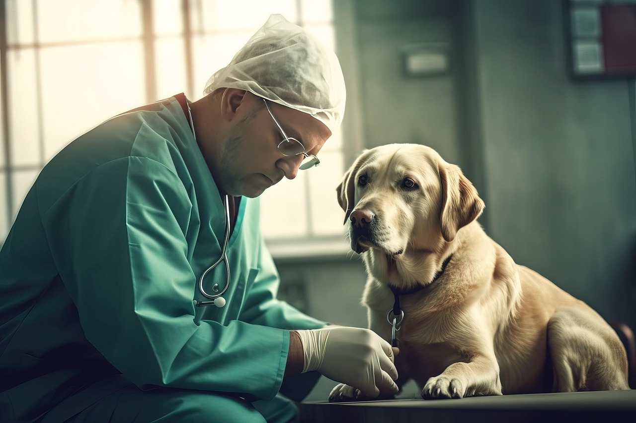 dog, human, vet, pet, clinic, vaccination, love, caution, affection, animal, friendship, doctor, man, ai generated