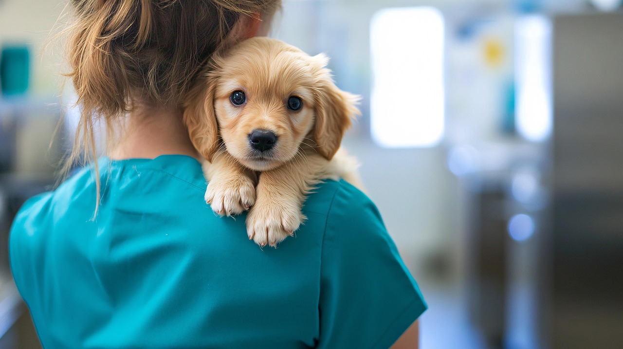 ai generated, dog, puppy, vet, veterinary, pet, doctor, care, medical, health, clinic, professional, person, nurse, nature, gown, animal, examination, healthcare, examining